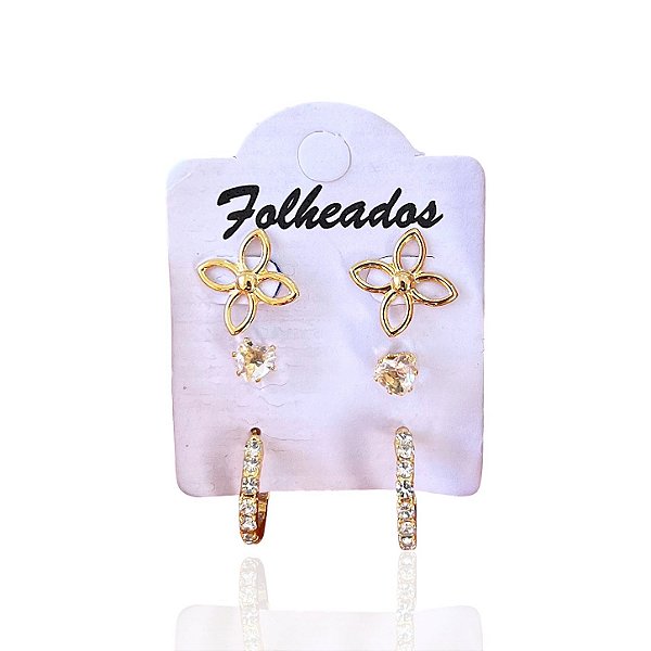 Trio Brincos Folheado Ouro 18k Trevo Argola