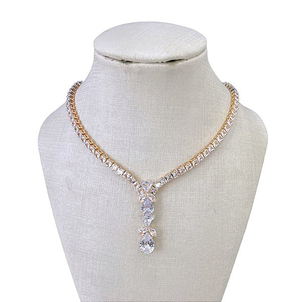 Colar Folheado Ouro 18k Riviera Triangulo Gotas Cravejada