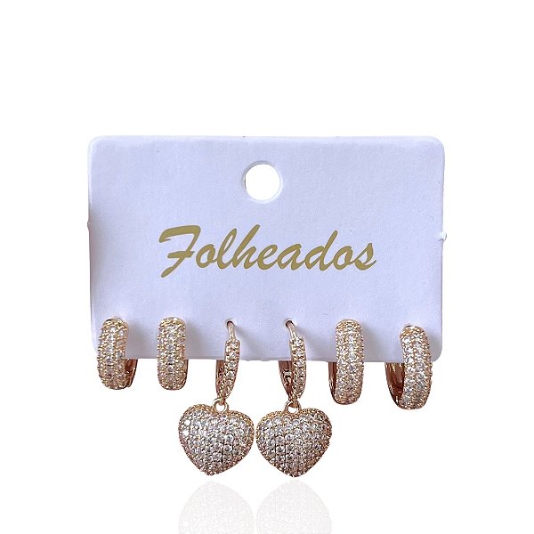 Trio Brincos Folheado Ouro 18k e Prata 925 Argola Coração Cravejada