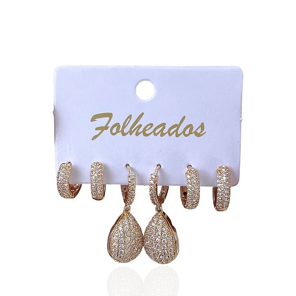 Trio Brincos Folheado Ouro 18k e Prata 925 Argola Gota Cravejada