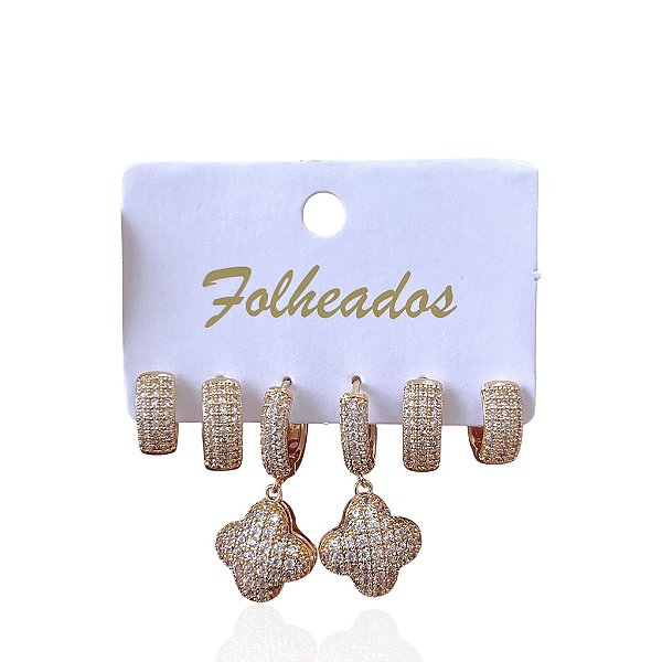 Trio Brincos Folheado Ouro 18k e Prata 925 Argola Trevo Cravejada