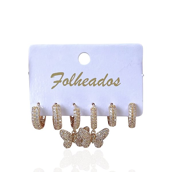 Trio Brincos Folheado Ouro 18k e Prata 925 Argola Borboleta Cravejada