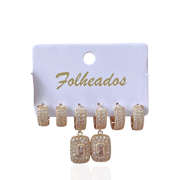 Trio Brincos Folheado Ouro 18k e Prata 925 Argola Quadrado Cravejado