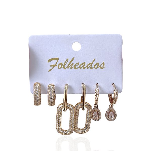 Trio Brincos Folheado Ouro 18k e Prata 925 Argolas Elo Gota Cravejada