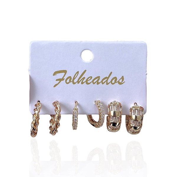 Trio Brincos Folheado Ouro 18k e Prata 925 Argolas Cravejada