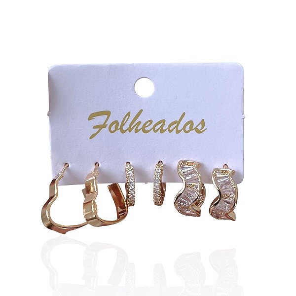 Trio Brincos Folheado Ouro 18k e Prata 925 Argolas Coração Cravejada