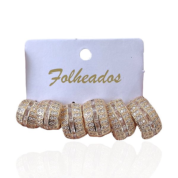 Trio Brincos Folheado Ouro 18k e Prata 925 Argola Cravejada