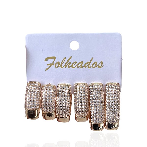 Trio Brincos Folheado Ouro 18k e Prata 925 Argola Quadrado Comprido Cravejado