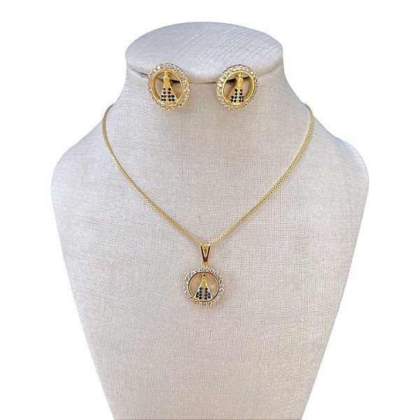 Conjunto Folheado Ouro 18k e Prata 925 Nossa Senhora Cravejada Redondo Mini