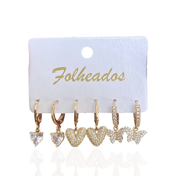 Trio Brincos Folheado Ouro 18k e Prata 925 Argola Coração Borboleta Cravejada