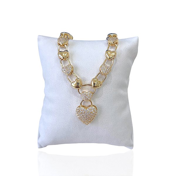 Pulseira Folheada Ouro 18k e Prata 925 Corações Cravejado