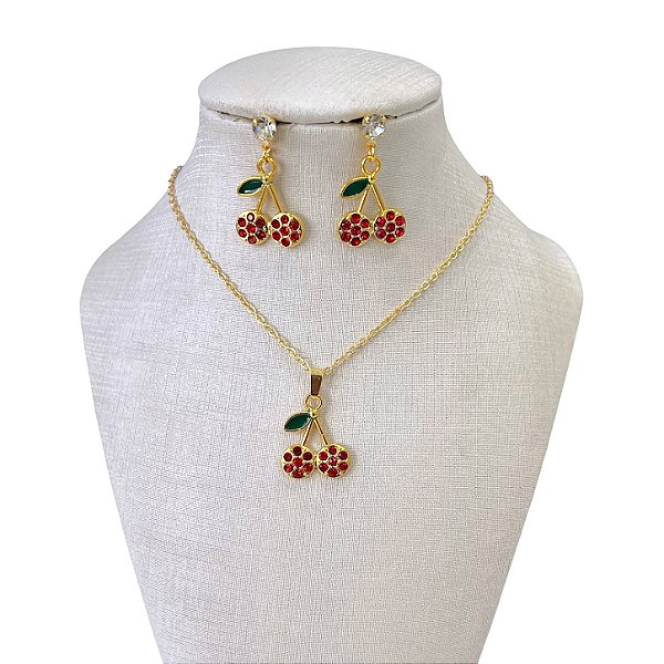 Conjunto Folheado Ouro 18k e Prata 925 Cereja Strass