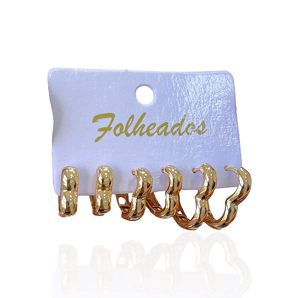 Trio Brincos Folheado Ouro 18k e Prata 925 Argolas Coração Abaulada