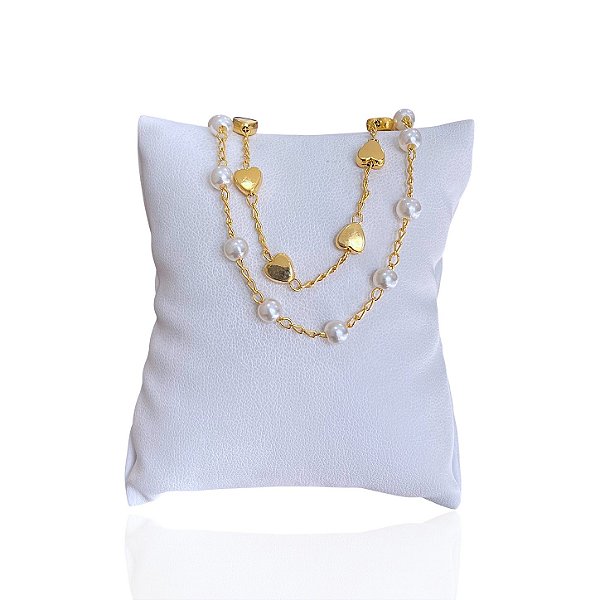 Pulseira Folheada Ouro 18k Dupla Corações Bolinhas Pérolas