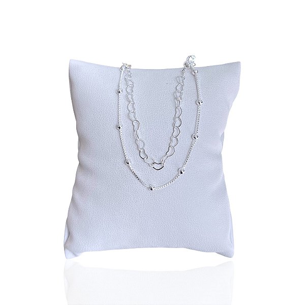 Pulseira Folheada Prata 925 Dupla Elos Corações Bolinhas