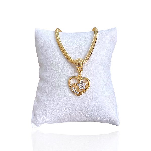 Pulseira Folheada Ouro 18k Malha Coração Estrela Lua Cravejado