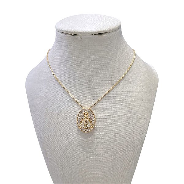 Colar Folheado Ouro 18k e Prata 925 Nossa Senhora Cravejada