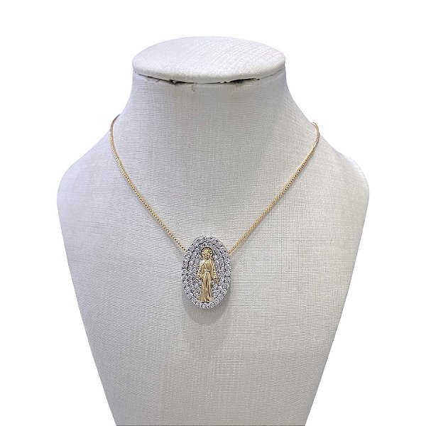 Colar Folheado Ouro 18k e Prata 925 Nossa Senhora das Graças Cravejada