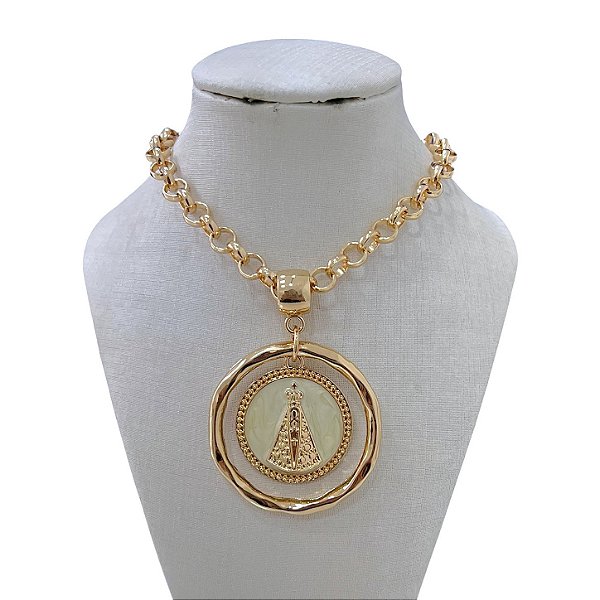 Colar Folheado Ouro 18k Correntaria Nossa Senhora Mandala Madrepérola