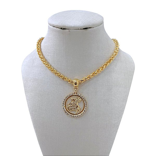 Colar Folheado Ouro 18k Correntaria São Jorge Strass