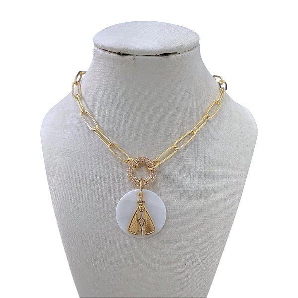 Colar Folheado Ouro 18k Correntaria Nossa Senhora Mandala Cravejada