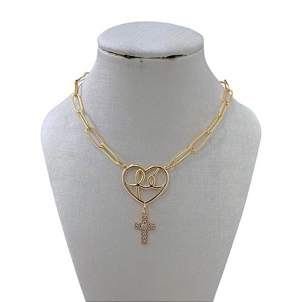 Colar Folheado Ouro 18k Correntaria Coração Fé Cravejado