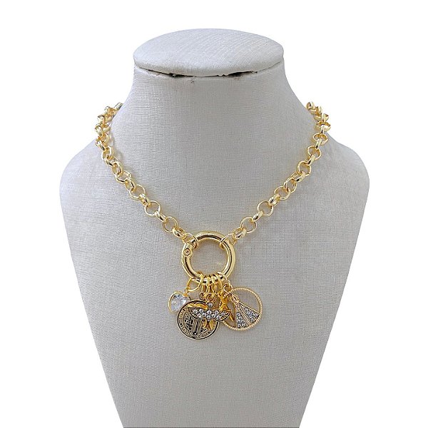 Colar Folheado Ouro 18k Correntaria Mandala Religioso Cravejado