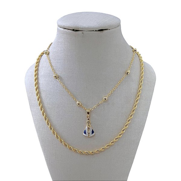 Colar Duplo Folheado Ouro 18k Cordão Baiano Bolinhas Nossa Senhora