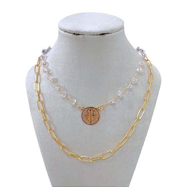 Colar Duplo Folheado Ouro 18k Correntaria Cristal São Bento