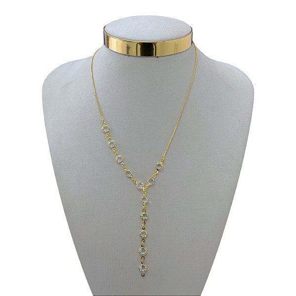 Colar Longo Folheado Ouro 18k Gravatinha Cristal