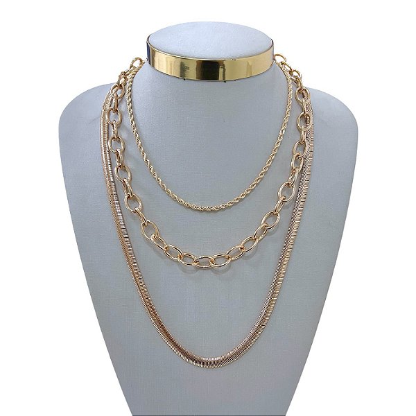 Colar Triplo Bijuteria Dourado e Prata Cordão Baiano Elos Lacraia