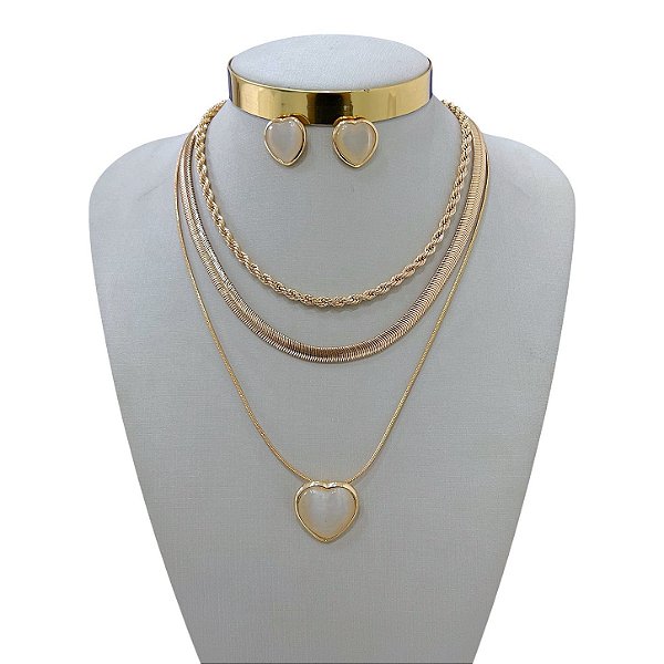 Conjunto Bijuteria Triplo Cordão Baiano Lacraia Coração Pedraria