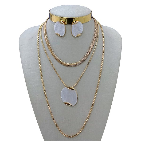 Conjunto Bijuteria Triplo Lacraia Cordão Baiano Orgânico Madrepérola