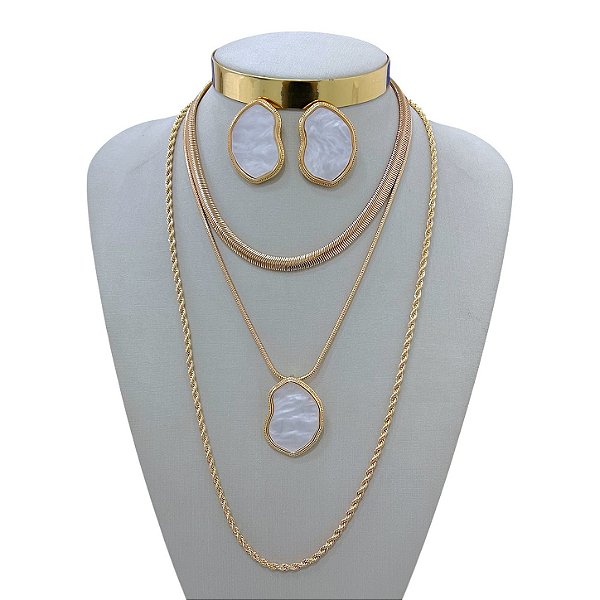 Conjunto Bijuteria Triplo Lacraia Cordão Baiano Orgânico Madrepérola