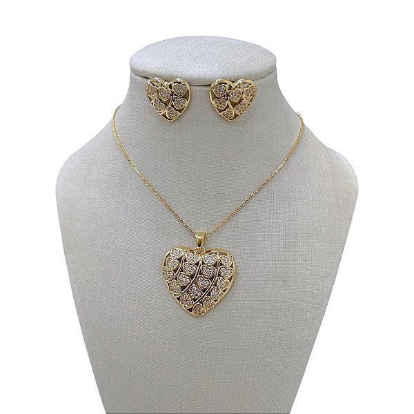 Conjunto Folheado Ouro 18k e Prata 925 Corações Cravejados