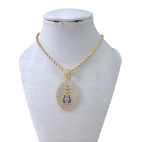 Colar Folheado Ouro 18k e Prata 925 Cordão Baiano Nossa Senhora Cravejada