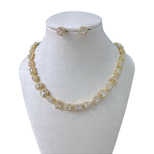 Conjunto Folheado Ouro 18k e Prata 925 Formatos Inspired Cravejado