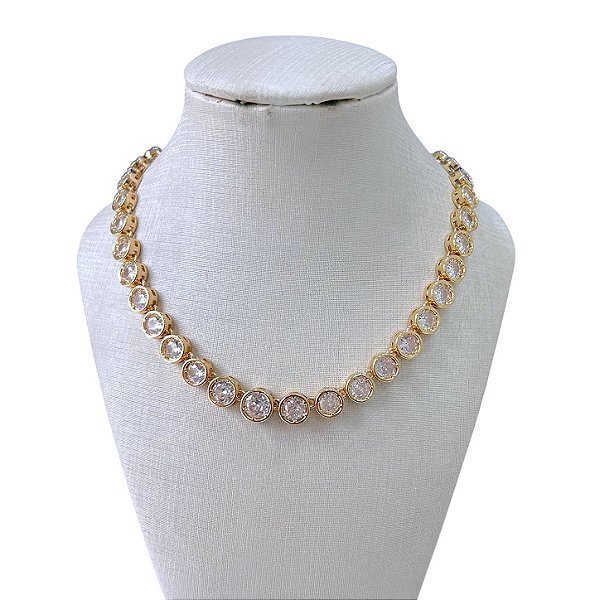 Colar Folheado Ouro 18k e Prata 925 Redondo Inspired Cravejado