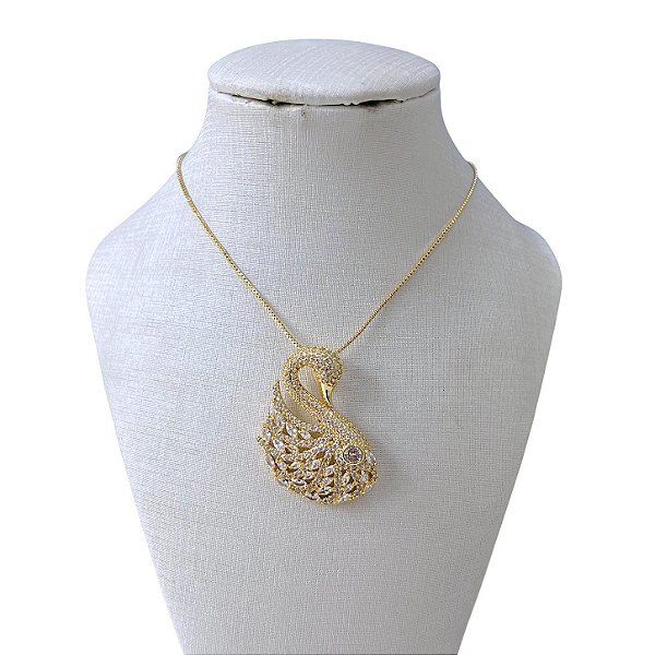Colar Folheado Ouro 18k e Prata 925 Cisne Inspired Cravejado