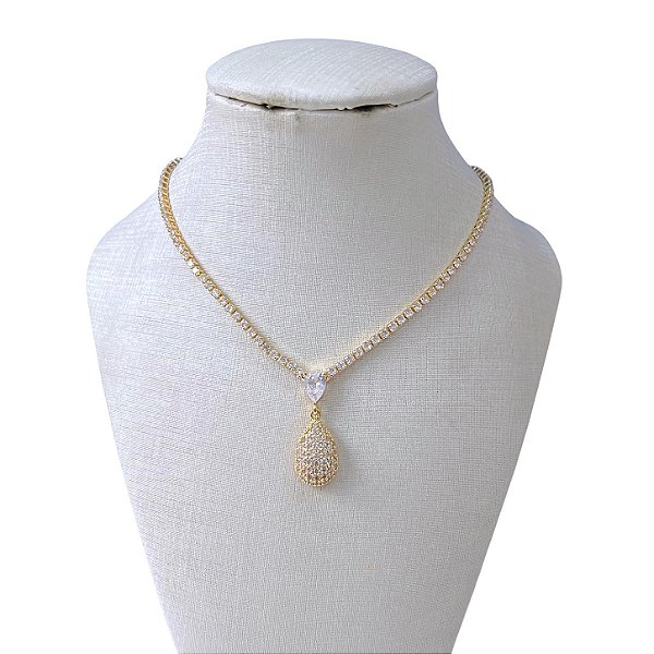 Colar Folheado Ouro 18k e Prata 925 Riviera Gota Cravejada