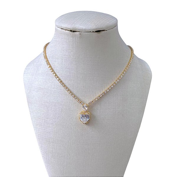 Colar Folheado Ouro 18k e Prata 925 Riviera Coração Cristal Cravejada