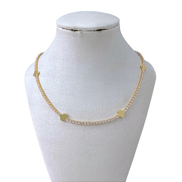 Colar Folheado Ouro 18k e Prata 925 Riviera Trevo Cravejado