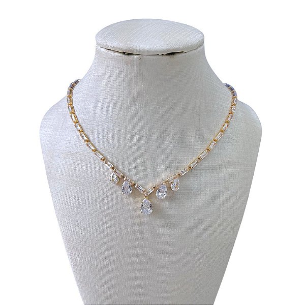 Colar Folheado Ouro 18k e Prata 925 Riviera Gota Cristal