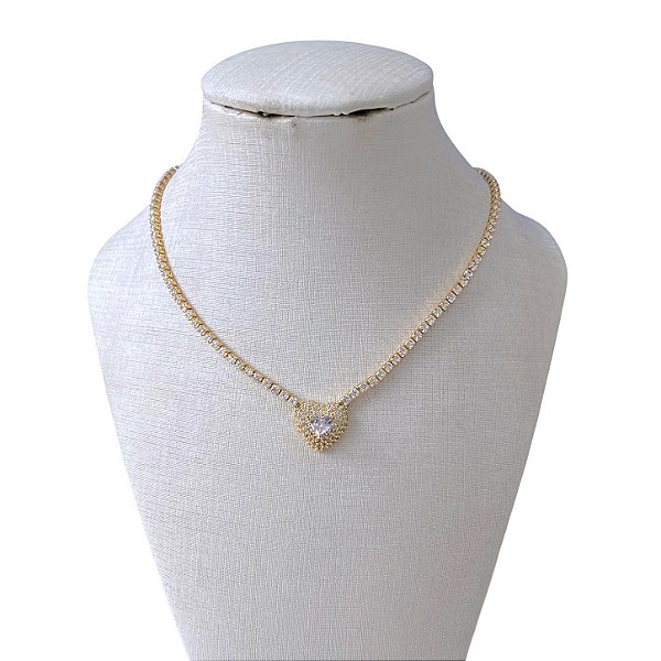 Colar Folheado Ouro 18k e Prata 925 Riviera Coração Cravejado
