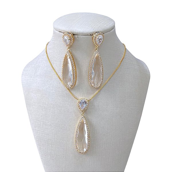 Conjunto Folheado Ouro 18k e Prata 925 Gota Comprida Cristal Cravejada