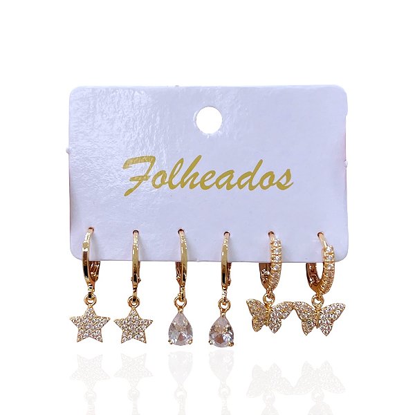 Trio Brincos Folheado Ouro 18k e Prata 925 Argolas Estrela Borboleta Cravejado