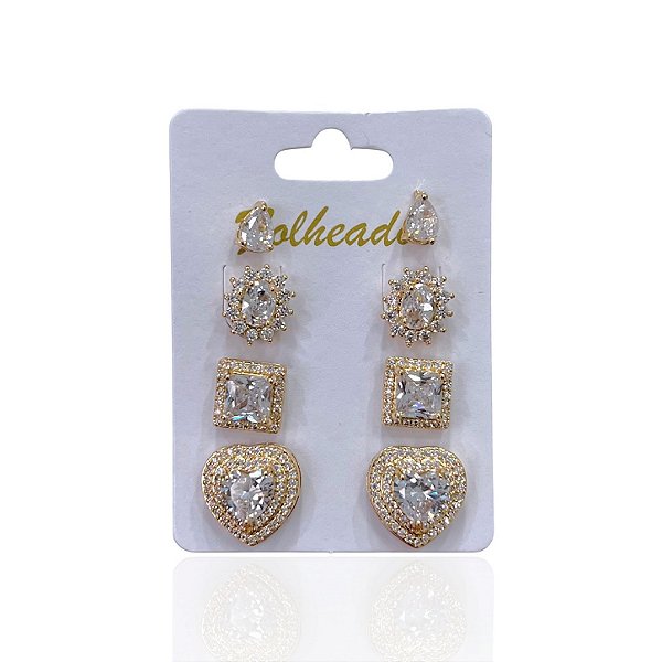 Quatro Brincos Folheado Ouro 18k e Prata 925 Coração Cravejado