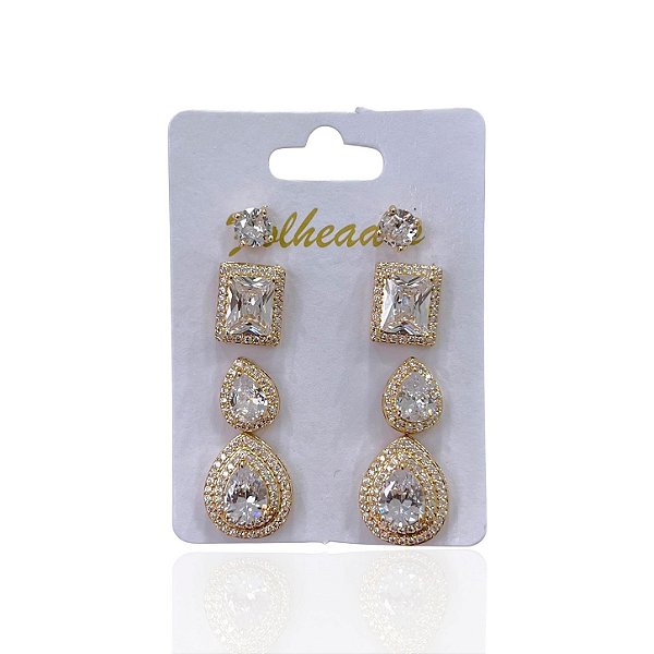 Quatro Brincos Folheado Ouro 18k e Prata 925 Gota Cravejado