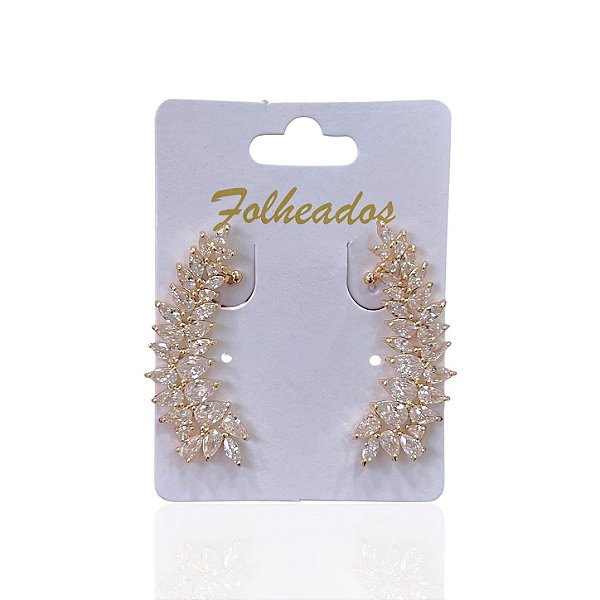 Brinco Folheado Ouro 18k e Prata 925 Ear Cuff Folhas Cravejado