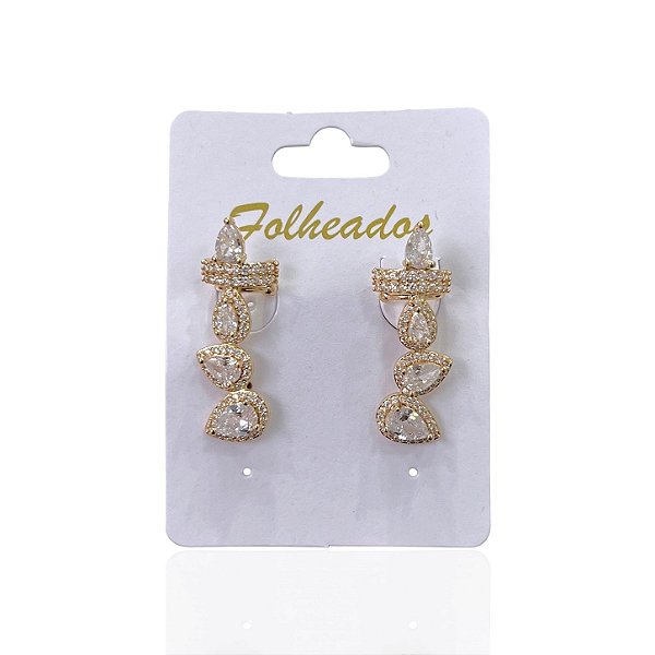 Brinco Folheado Ouro 18k e Prata 925 Ear Cuff Gota Cravejada
